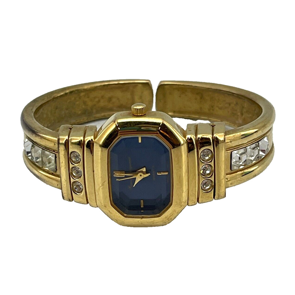 Pierre Jacquard Gold Tone Cuff Watch Rhinestones Metal Band Blue Octagon Dial